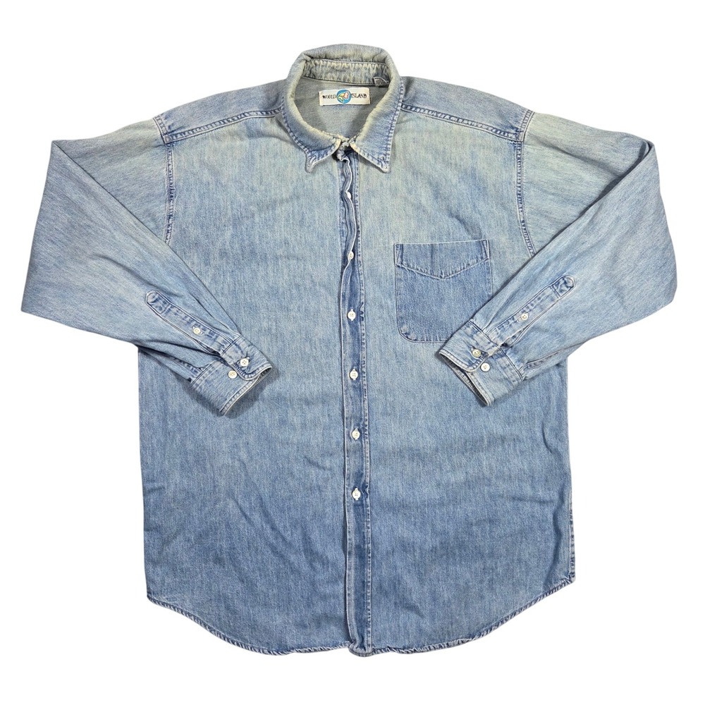 Vantage World Island Mens L Light Denim Button Up Shirt Long Sleeve 90s Country‎